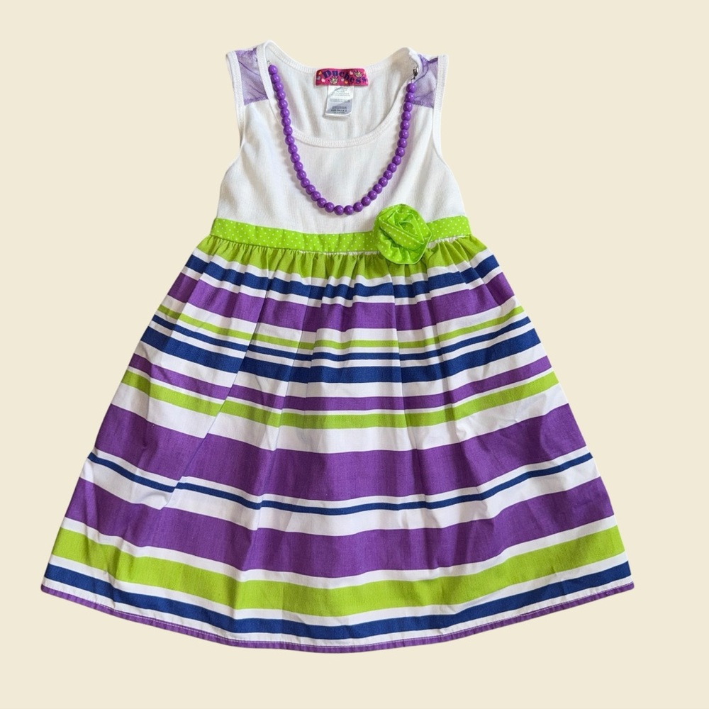 Vibrant Striped Kids Dress in Purple and Green